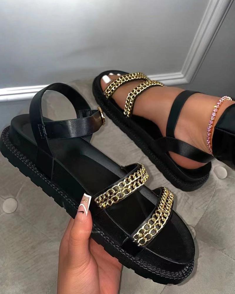 

Round-toe Solid Color Splicing Chain Platform Flat Sandals, Black