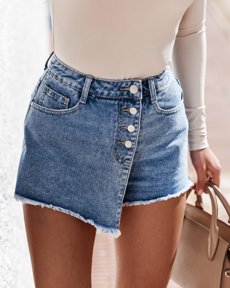 

Solid High Waist Denim Shorts, Blue