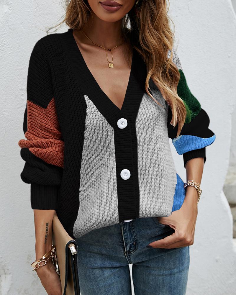 

Knit Button Front Colorblock Lantern Sleeve Cardigan, Black