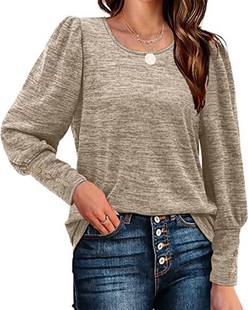 

Gigot Sleeve Buttoned U-Neck Top, Khaki