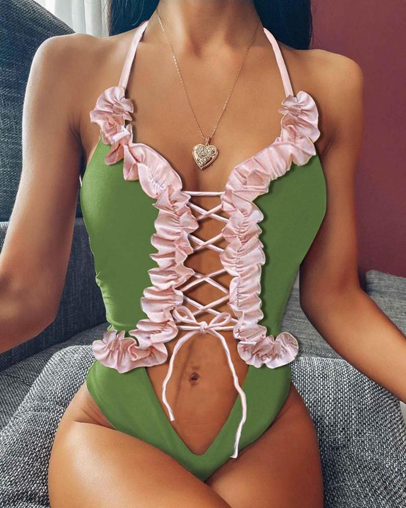 

Lace-Up Front One-Piece Swimsuit, Green