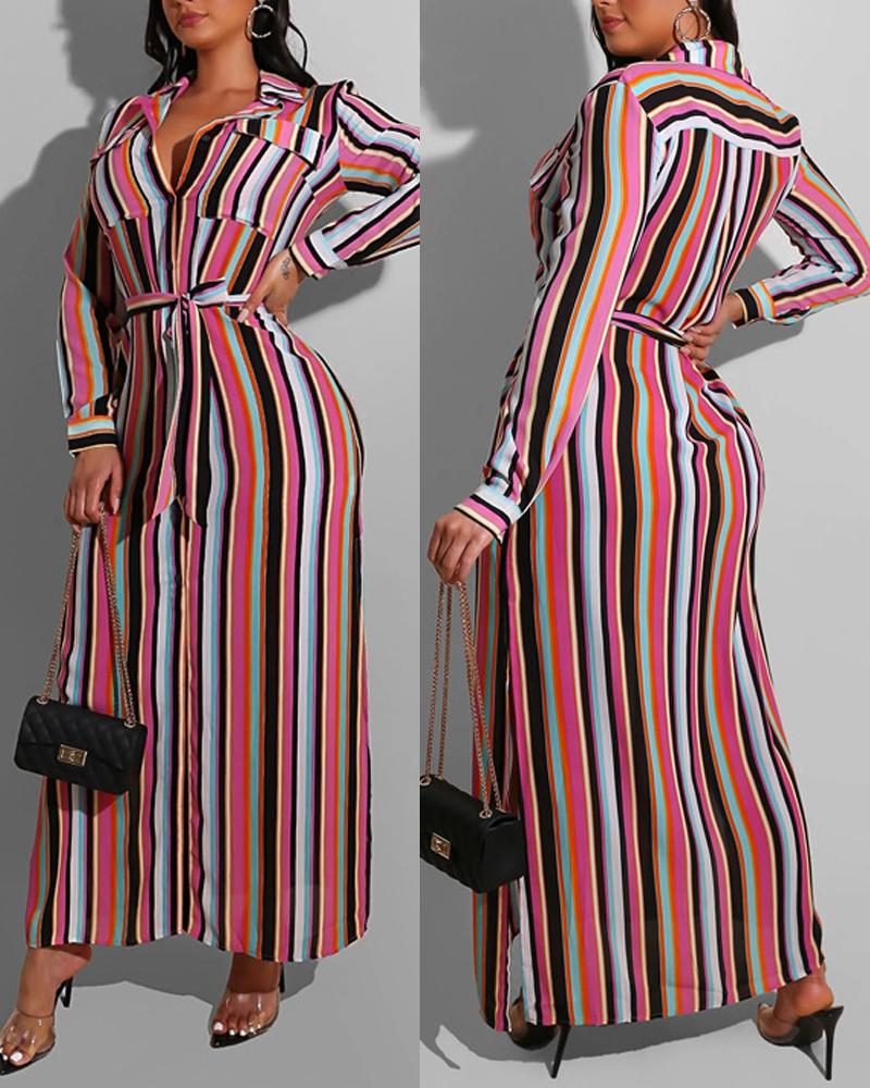 

Plus Size Striped Print Button Down Shirt Dress, Hot pink
