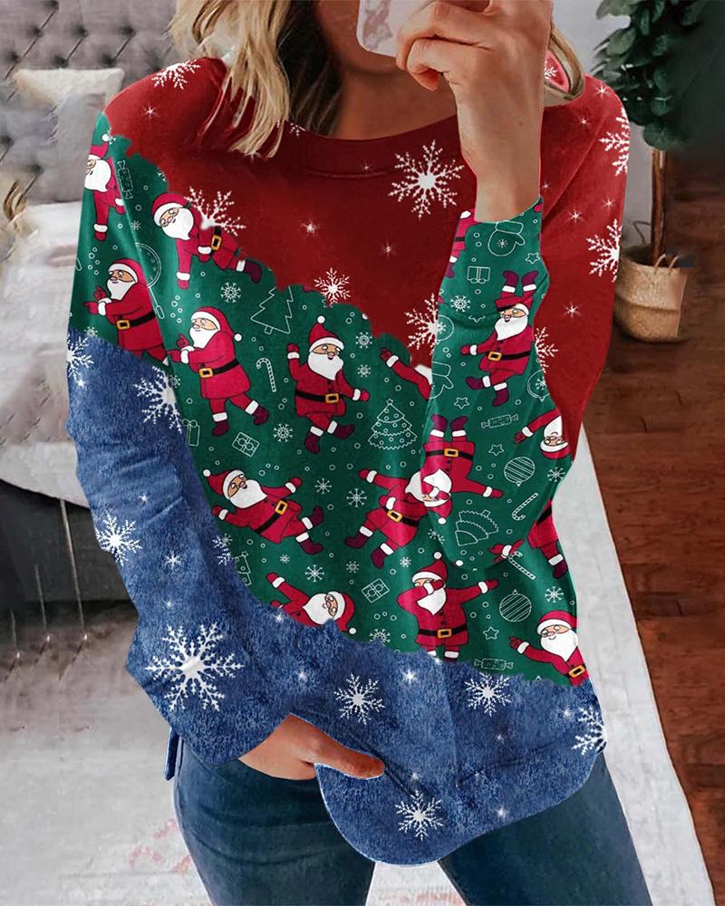 

Christmas Santa Print Colorblock Sweatshirt, Green