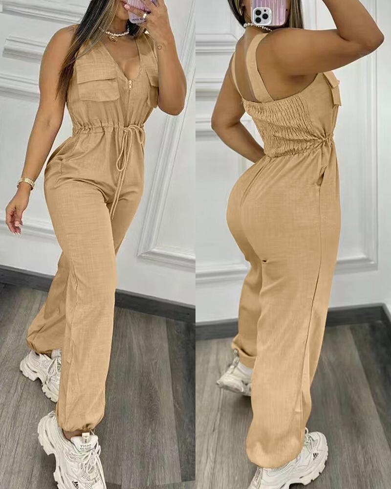 

Zipper Design Shirred Drawstring Jumpsuit, Khaki