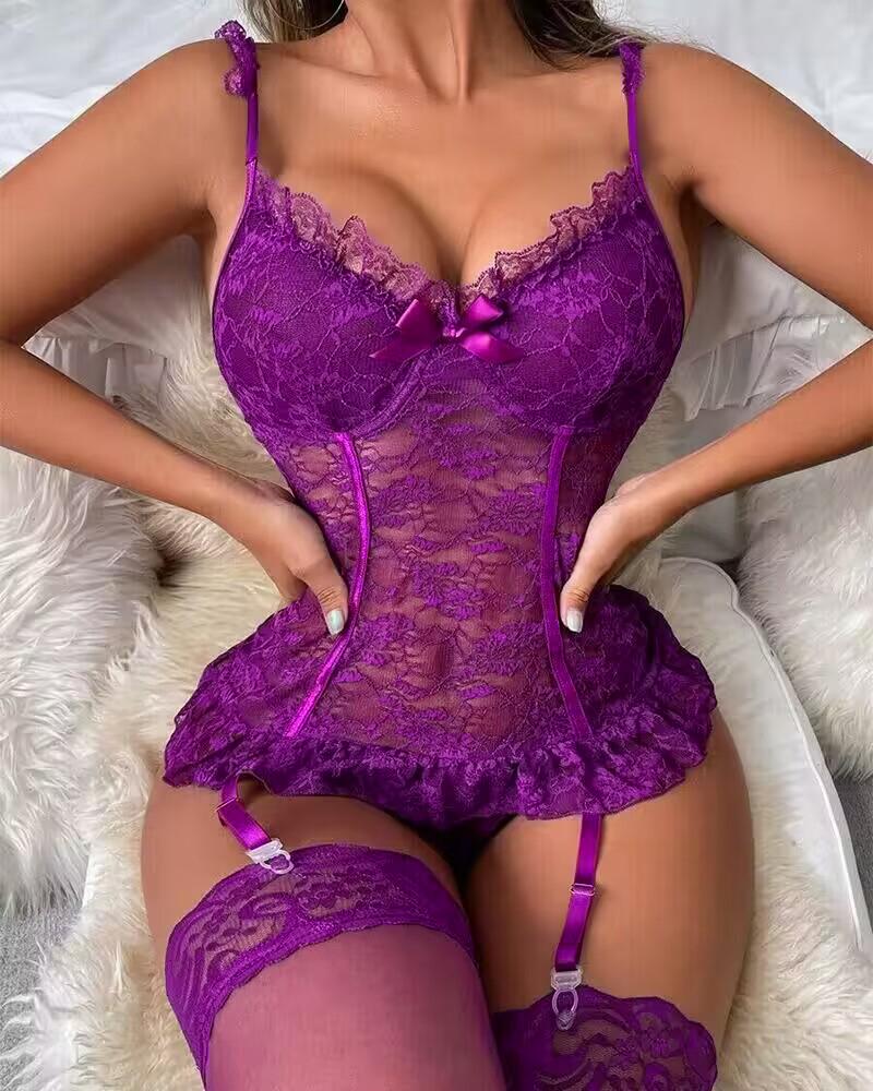 

Bow Decor Ruffle Hem Lace Garter Bustier Set, Purple