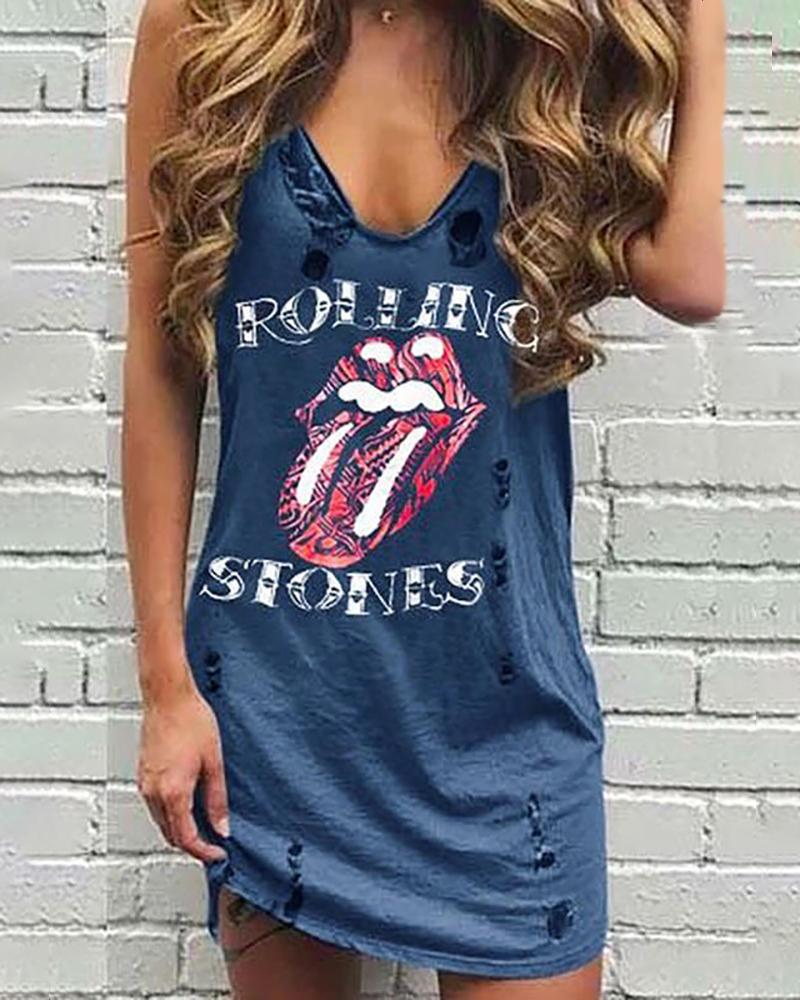 

Lip Letter Print Hollow Out Casual Dress, Blue