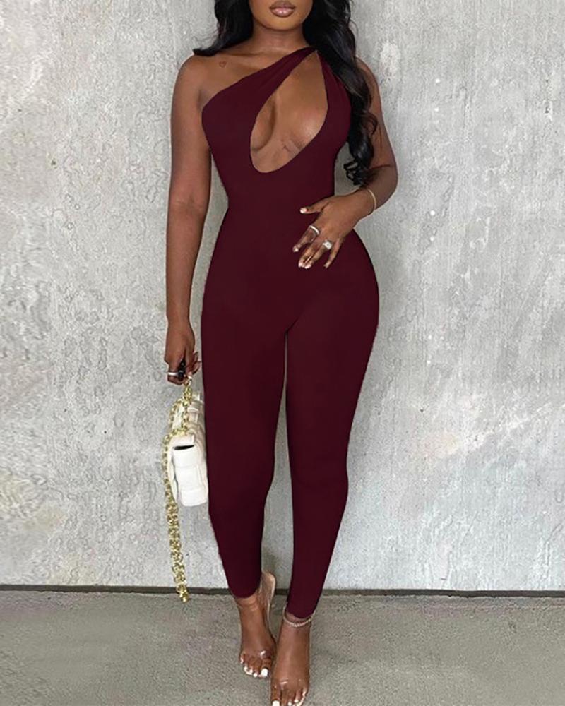 

One Shoulder Cutout Front Skinny Jumpsuit, Wine red