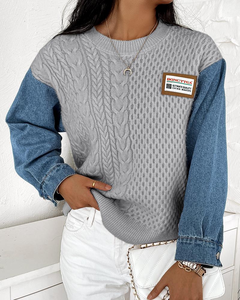 

Denim Patch Cable Knit Sweater, Gray