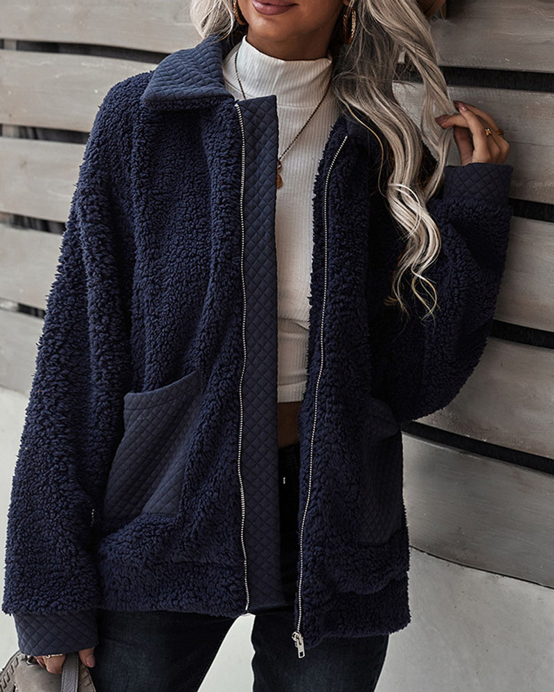 

Long Sleeve Pocket Detail Zip Up Teddy Coat, Purplish blue