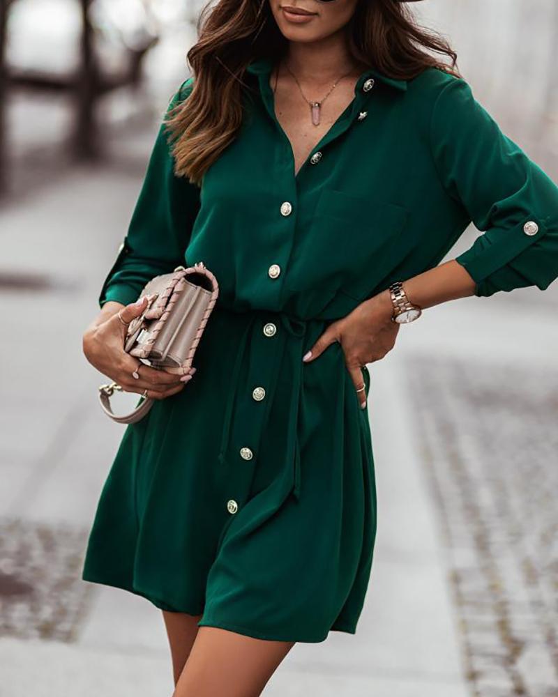 

Button Front Pocket Design Roll Up Sleeve Shirt Dress, Green