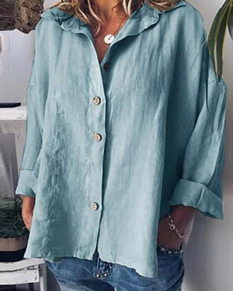 

Cotton and Linen Bat Sleeves Solid Color Casual Shirt, Blue