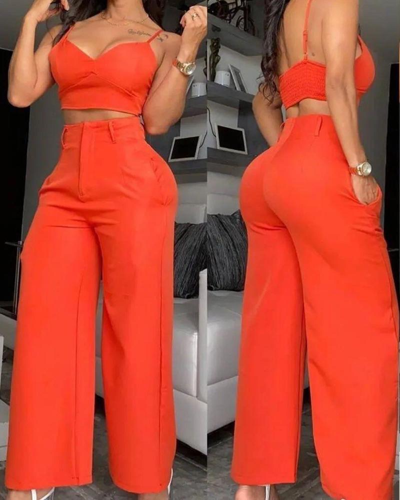 

Spaghetti Strap Crop Top & Wide Leg Pants Set, Orange