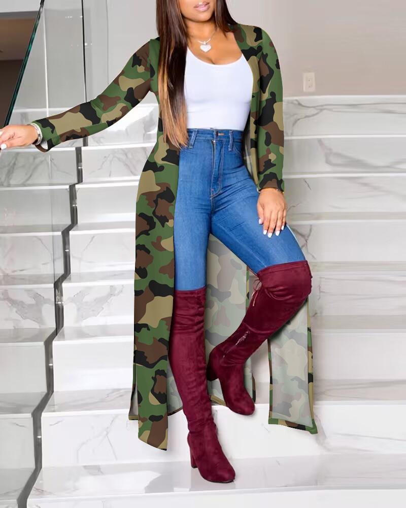 

Camouflage Print Casual Longline Coat, Camoflage