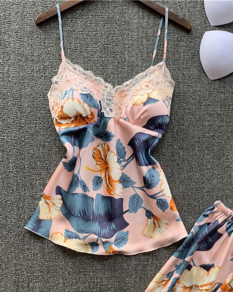 

Spaghetti Strap Floral Print Lace Trim Cami Sets, Pink