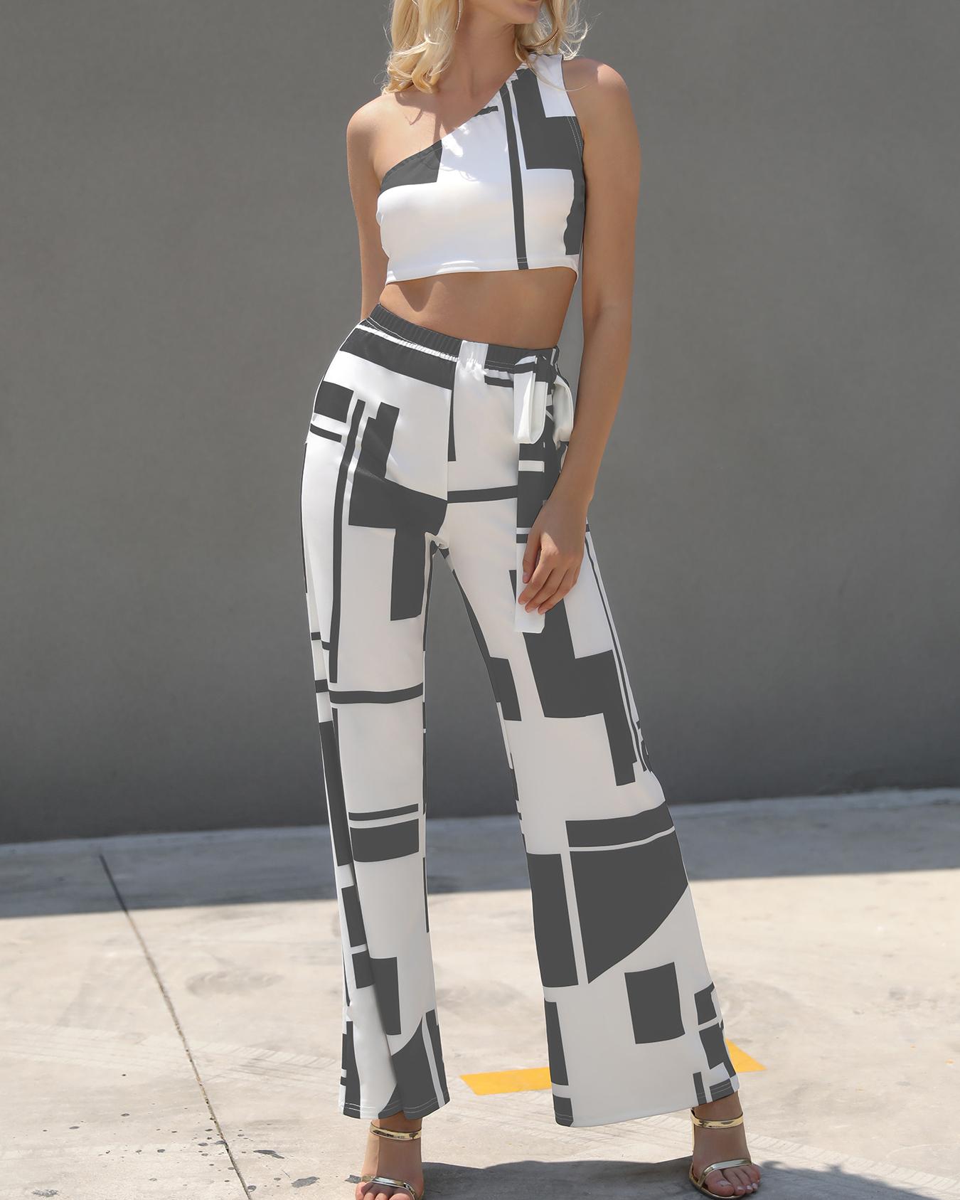 

Colorblock One Shoulder Cropped Wide Pants Set, Gray