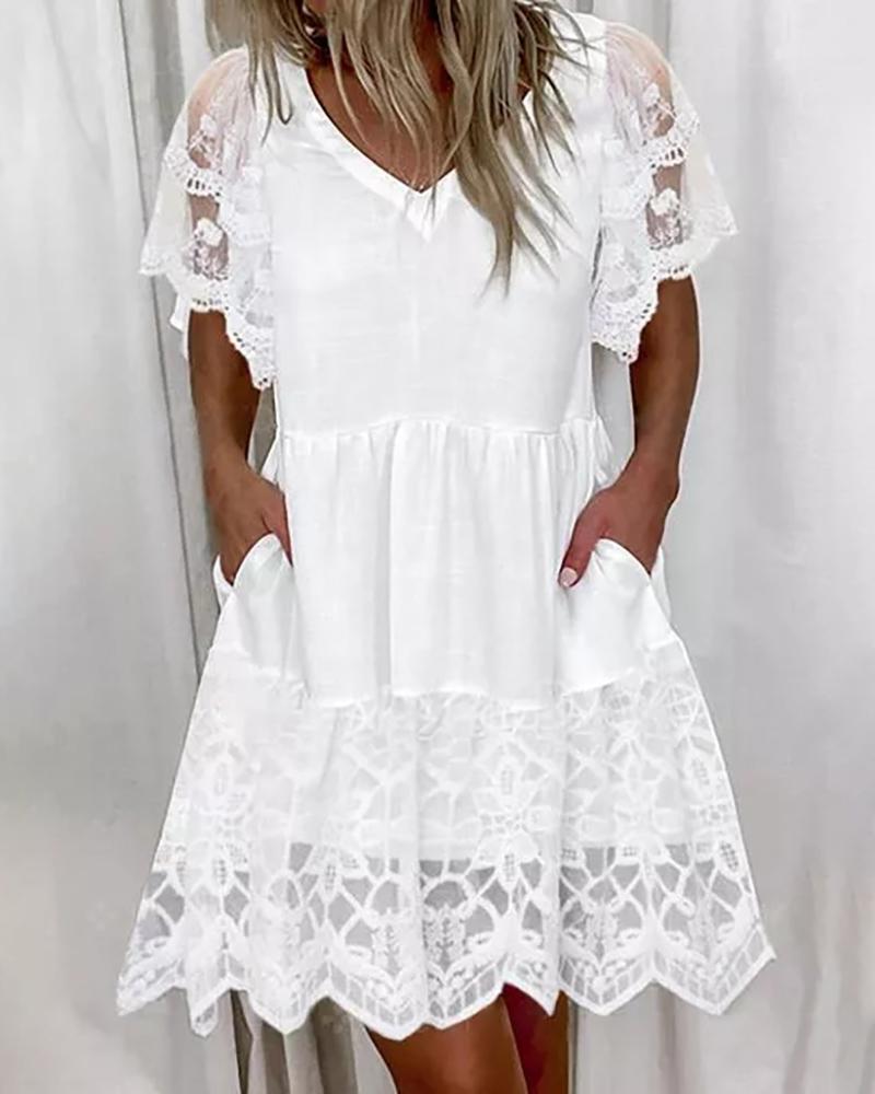 

Crochet Lace Pocket Design Short Sleeve Casual Dress, White