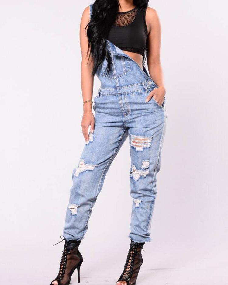 

Frayed Ripped Pocket Design Suspender Jeans, Blue