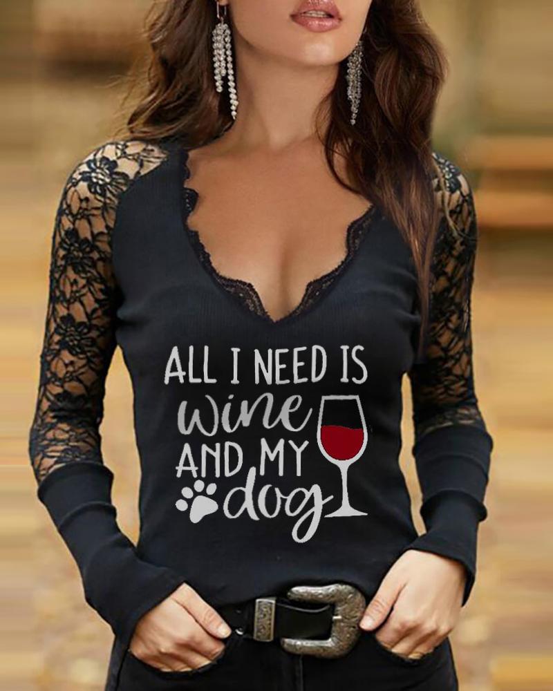 

Wine Glass Letter Print Contrast Lace V-Neck Top, Black