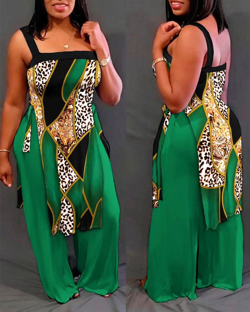 

Baroque Leopard Print Slit Asymmetrical Top & Wide Leg Pants Set, Green