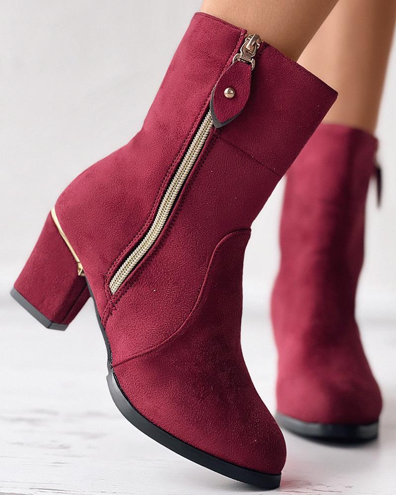 

Side Zipper Point Toe Chunky Heel Boots, Red