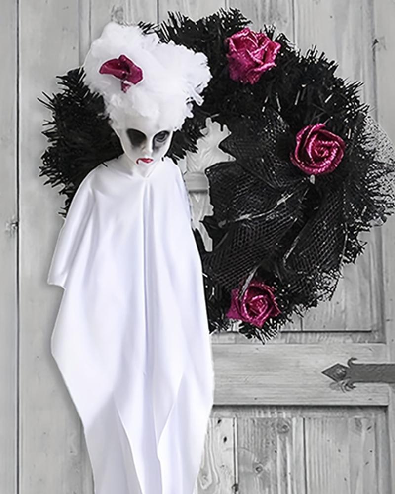 

1pc Halloween Sheer Mesh Skull Ghost Rose Wreath Front Door Decoration, White