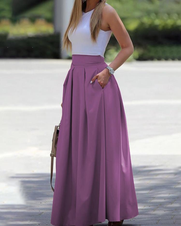 

Sleeveless Crop Top & Pleated Skirt Set, Purple