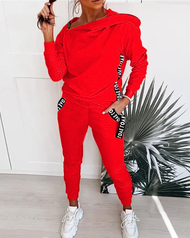 

Letter Print Zip Hooded Women Top & Pockets Design Pants Set, Red