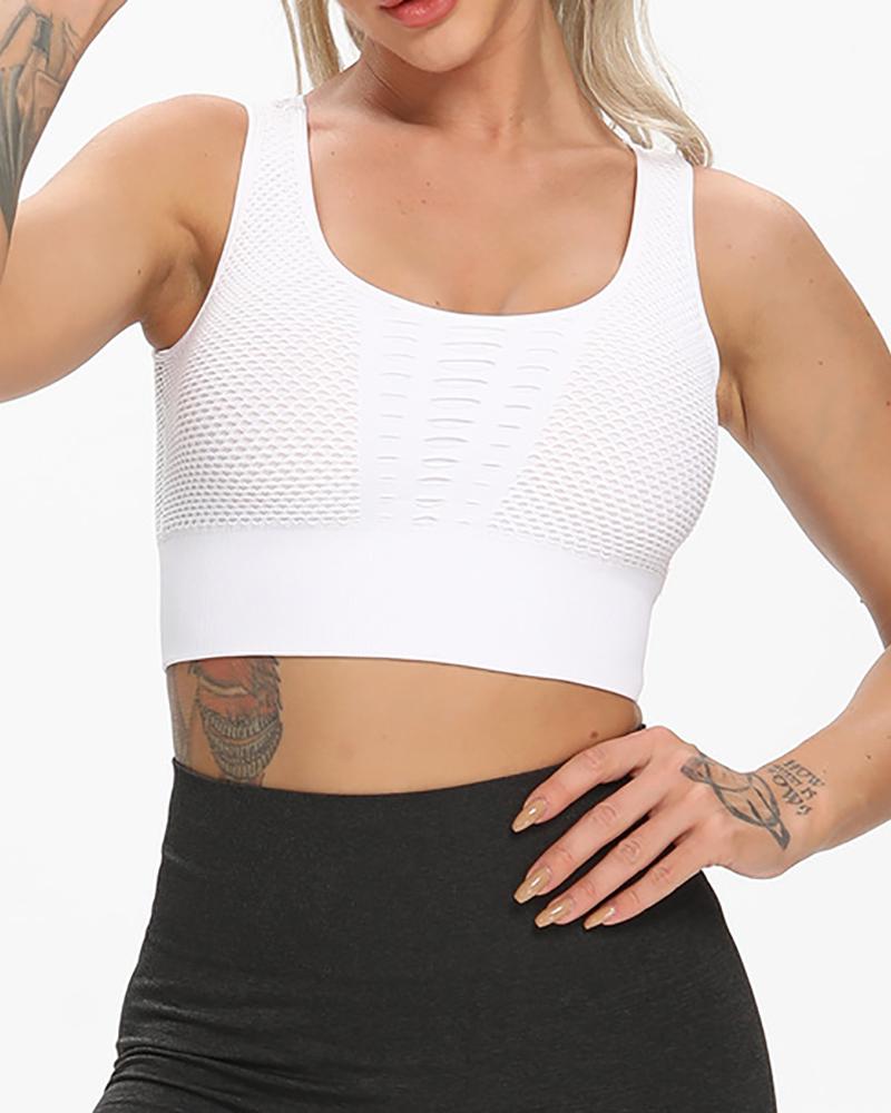 

Round Neck Hollow Out Racerback Tank Women Top Sports Women Top, White