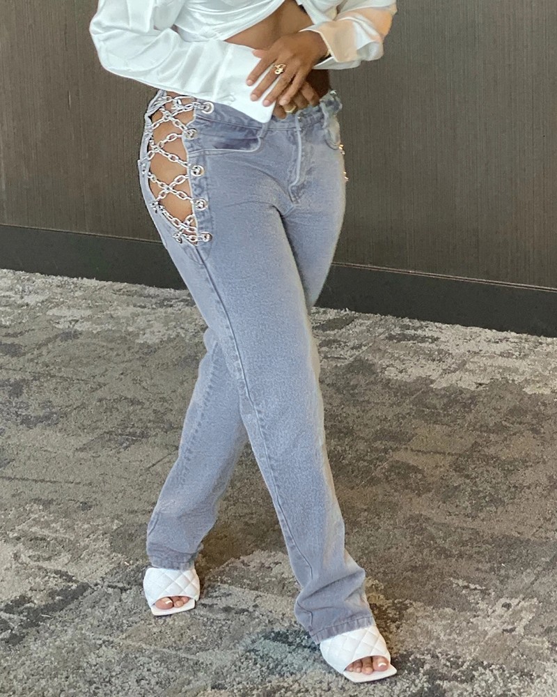Eyelet Chain Strap Laceup Jeans