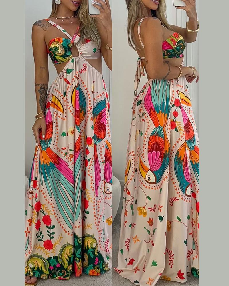

Robe longue dos nu à imprimé floral tropical et toucan avec détails ajourés, Apricot