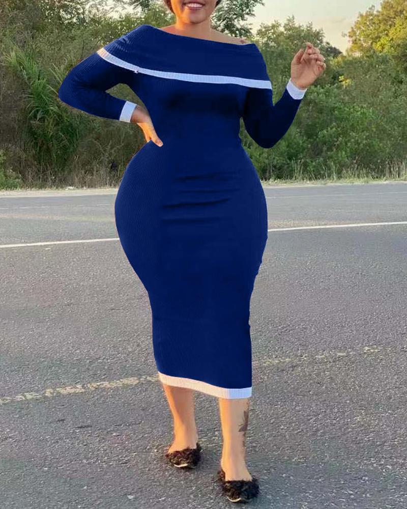 

Plus Size Contrast Paneled Off Shoulder Ribbed Bodycon Dress, Blue