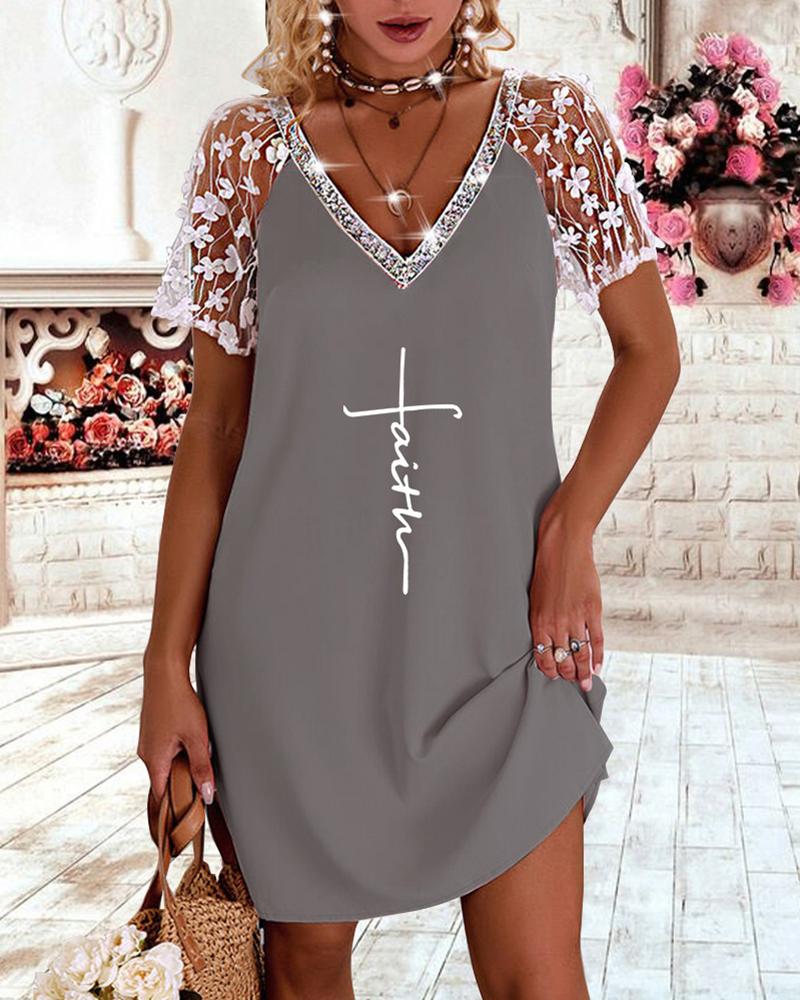 

Crochet Lace Letter Print V-Neck Dress, Gray