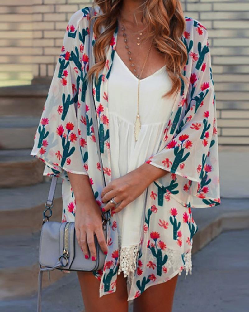 

Botanial Print Casual Loose Chiffon Coat, White