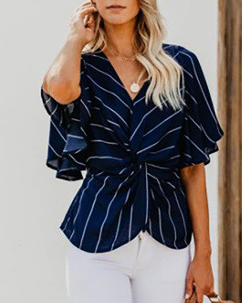 

Striped Twisted Front Casual Blouse, Dark blue