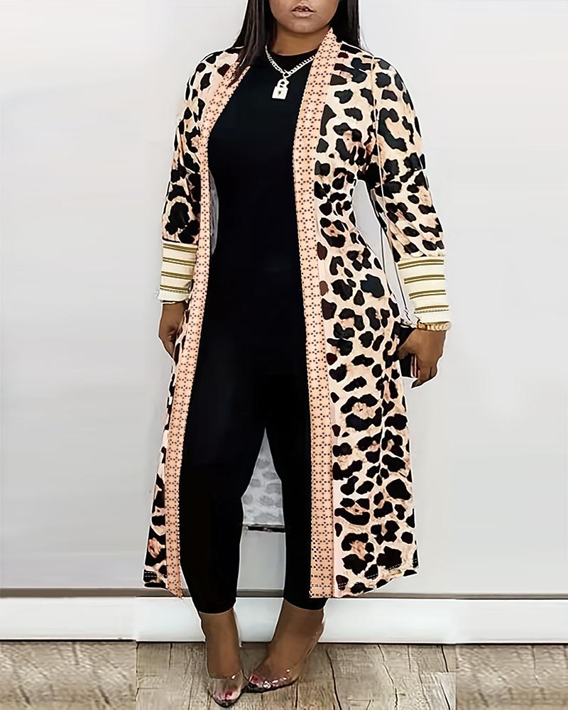 

Plus Size Leopard Print Open Front Longline Coat