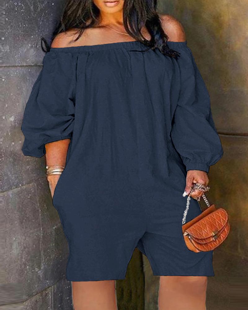 

Plus Size Off Shoulder Pocket Design Casual Romper, Purplish blue