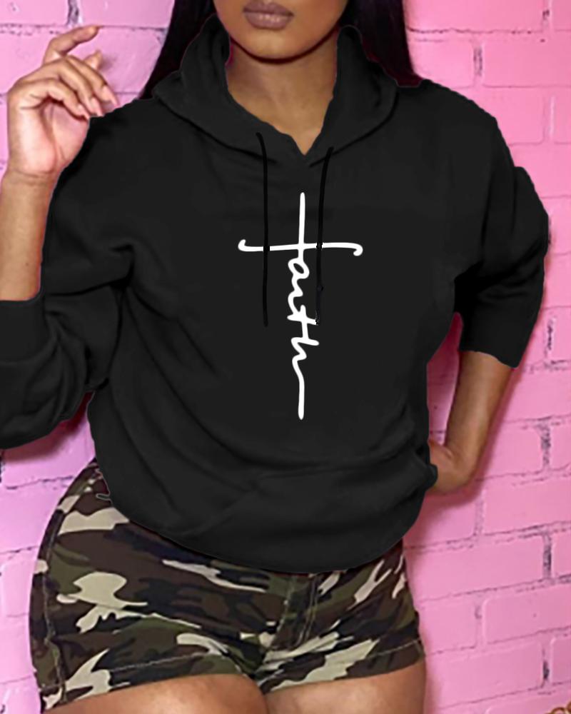 

Letter Print Long Sleeve Hooded Top, Black
