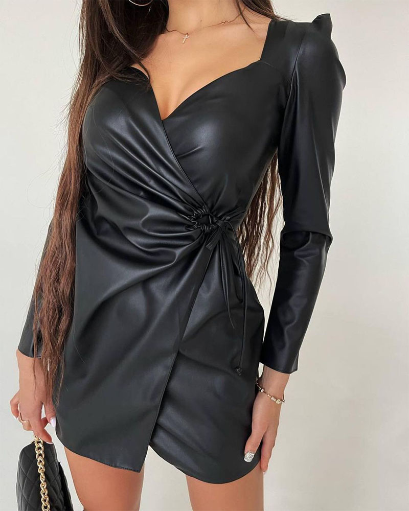 

Long Sleeve Tied Detail PU Leather Bodycon Dress, Black