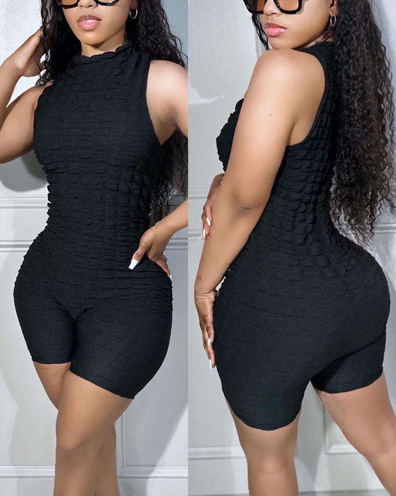 

Bubble Textured Sleeveless O-Neck Romper, Black