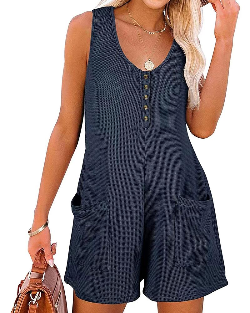 

Pocket Design Waffle Knit Romper, Purplish blue