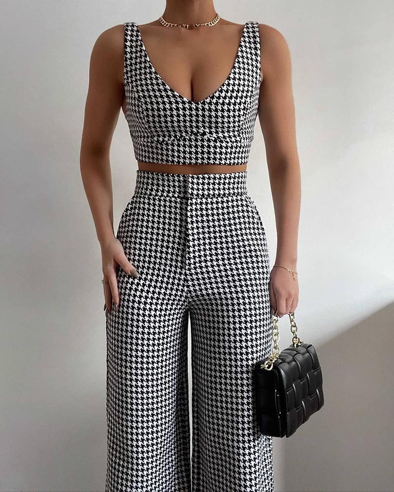 

Houndstooth Print Crop Top & Wide Leg Pants Set, Black