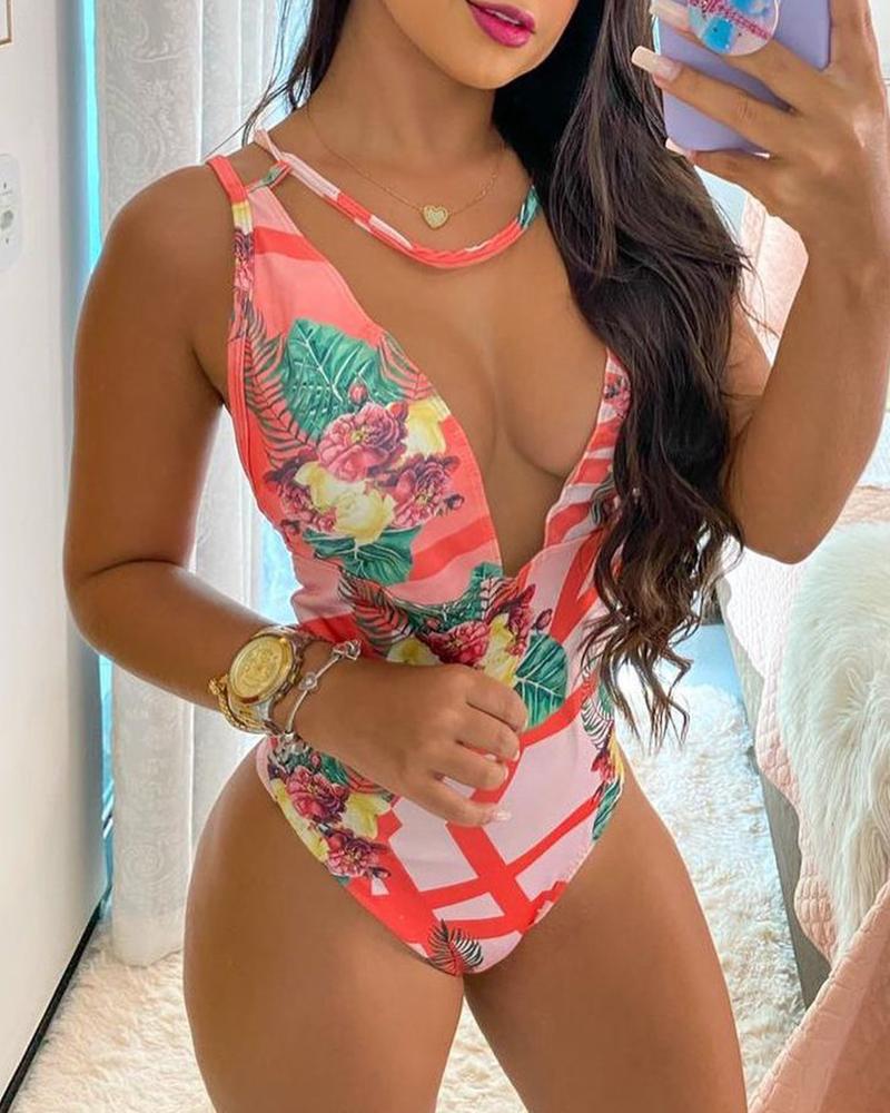 

Floral Print Sheer Mesh One Piece Swimsuit, Multicolor