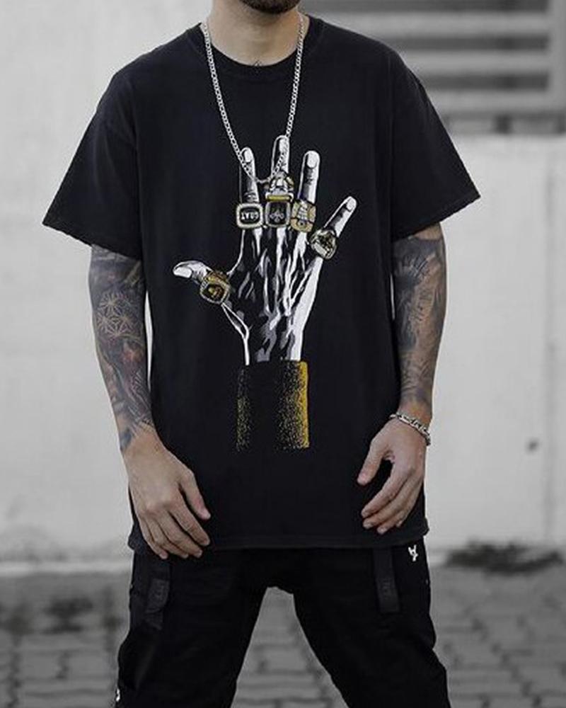 

Punk Hand Print Short Sleeve Loose T-shirts, Black