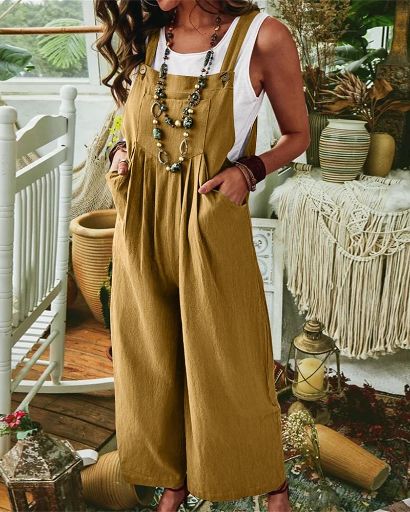 

Pocket Design Wide Leg Suspender Jumpsuit, Yellow
