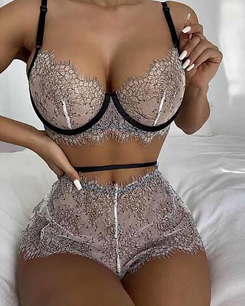 

Eyelash Crochet Lace Colorblock Spaghetti Strap Lingerie Set, Khaki