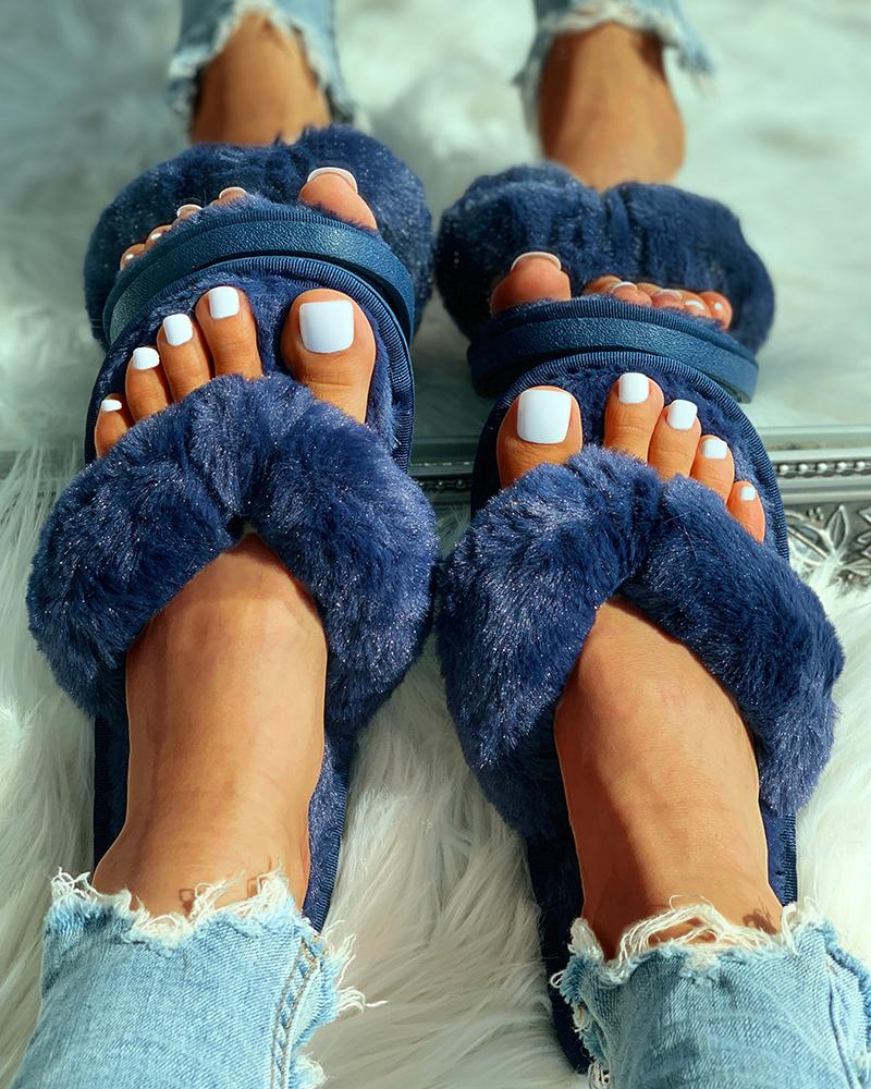 

Toe Post Fluffy Flat Slippers, Blue