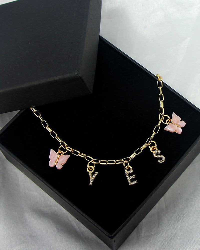 

1pcs Letter Butterfly Pendant Rhinestone Chain Necklace, Style3