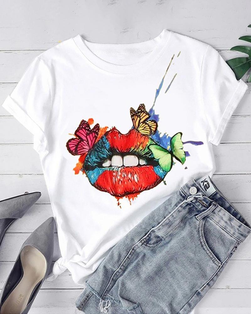 

Lip Butterfly Print Short Sleeve Casual T-shirt, White