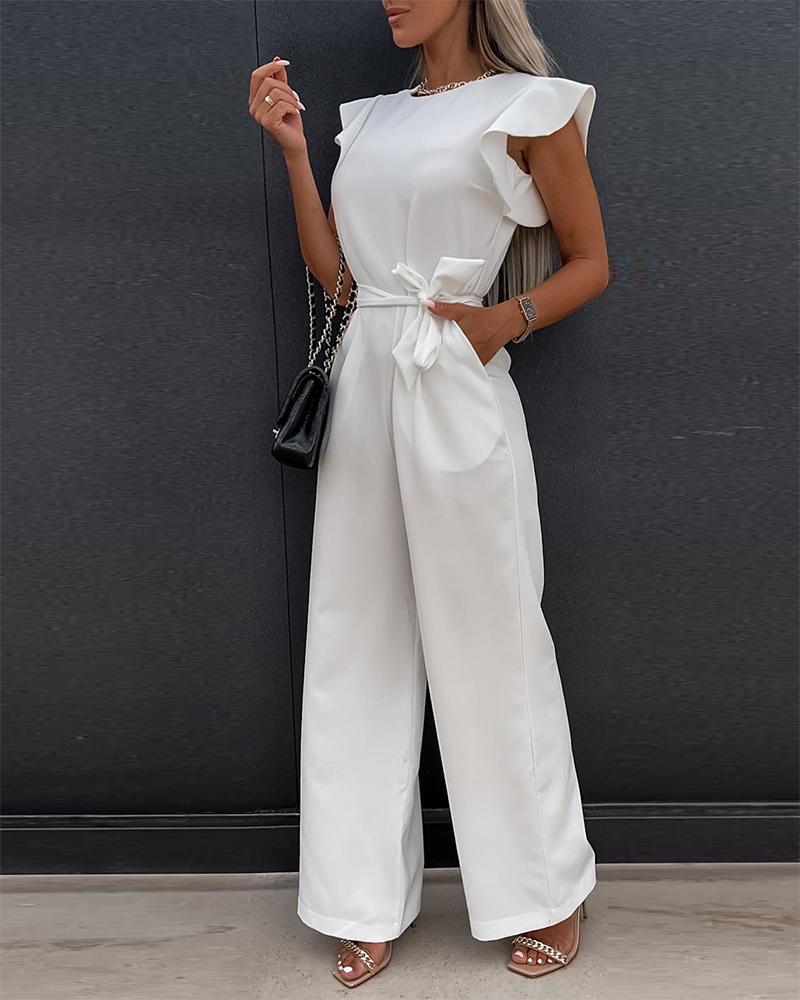 

Ruffles Sleeve Pocket Design Jumpsuit, White