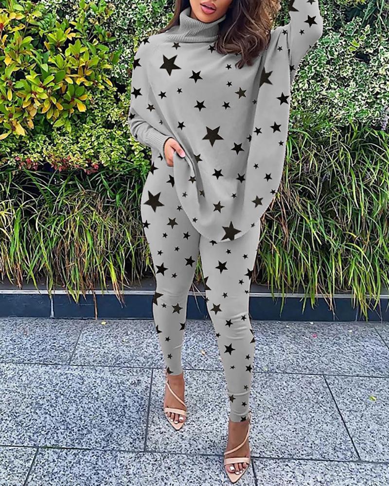 

Star Print High Neck Top & Skinny Pants Set, Gray